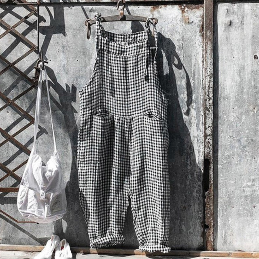 Women’s Jumpsuit – Relaxed Fit – Sleeveless – Wide Leg – Natural Fibers – Gingham Print