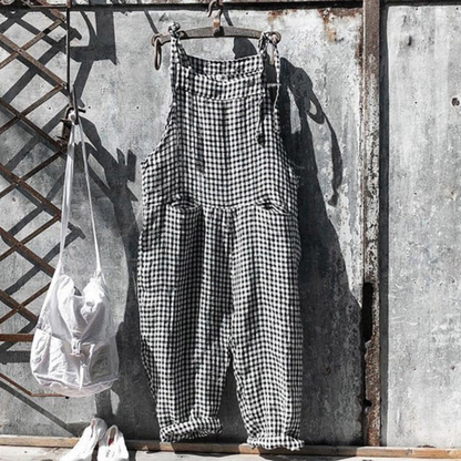 Women’s Jumpsuit – Relaxed Fit – Sleeveless – Wide Leg – Natural Fibers – Gingham Print