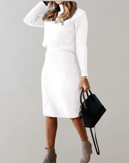 Women’s Two-Piece Set – Slim Fit Ribbed Knit – Turtleneck Sweater & Midi Skirt