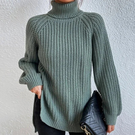 Women's full size turtle ribbed knit slit sweater