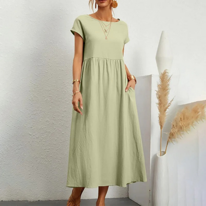 Women's Linen Maxi Dress - Short Sleeve - Round Neck - Empire Waist - Relaxed Fit