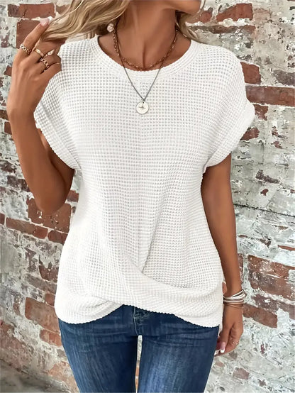 Women's Knit Top - Waffle Texture - Loose Fit - Round Neck - Breathable Casual Wear