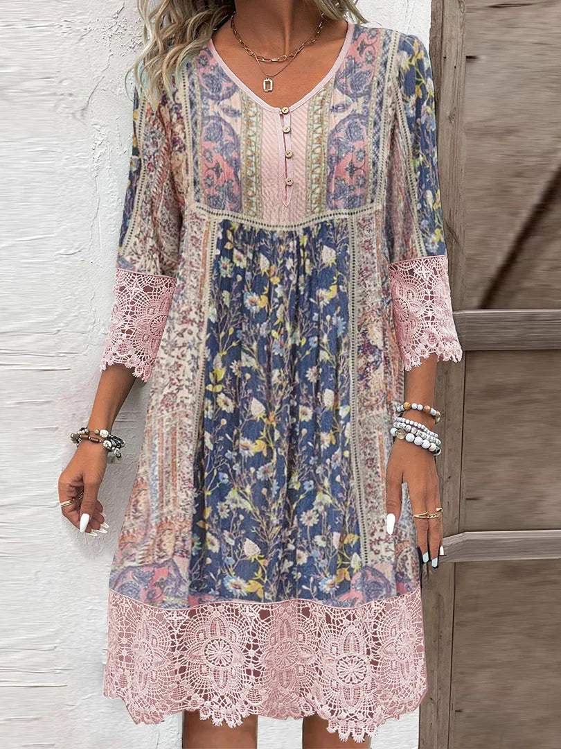 Women's Bohemian Dress - V-Neck Buttoned - Three-Quarter Sleeve Lace Trim - Knee-Length Loose Fit