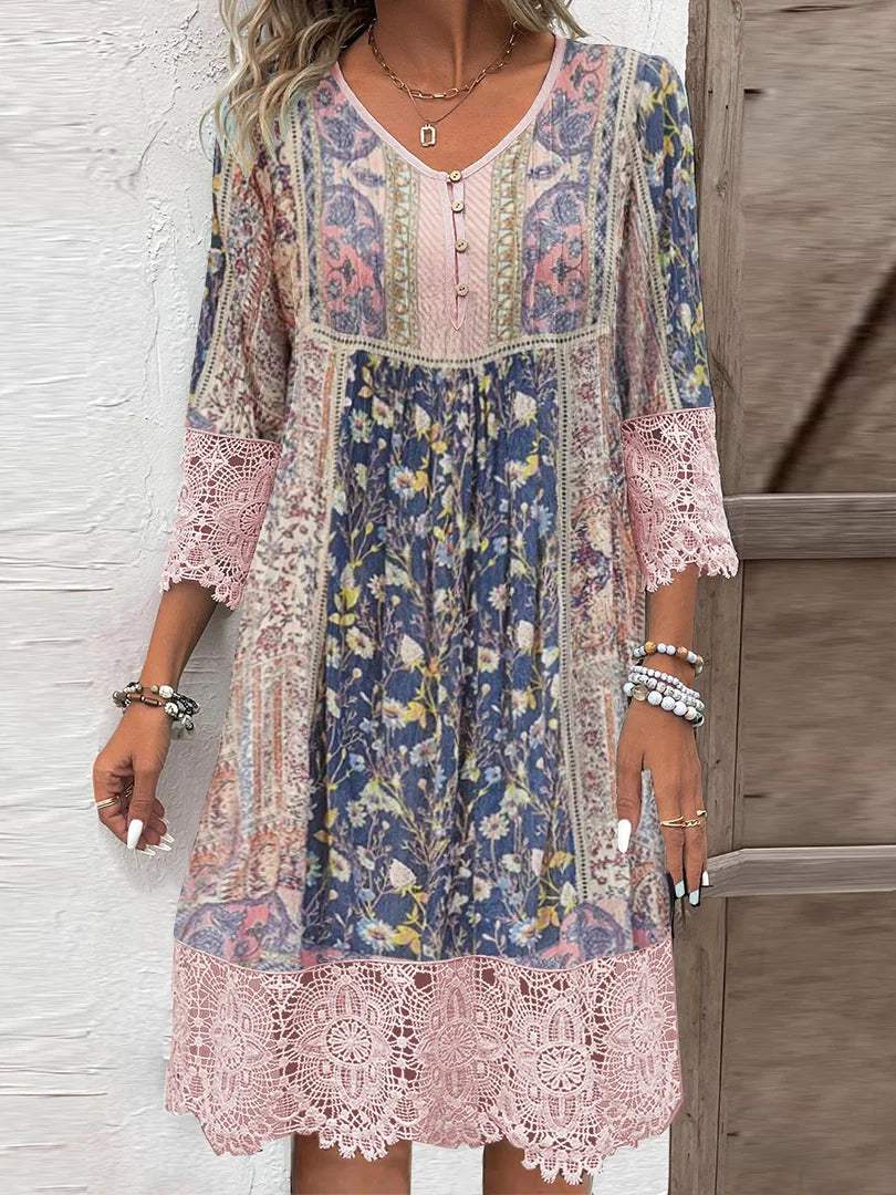 Women's Bohemian Dress - V-Neck Buttoned - Three-Quarter Sleeve Lace Trim - Knee-Length Loose Fit