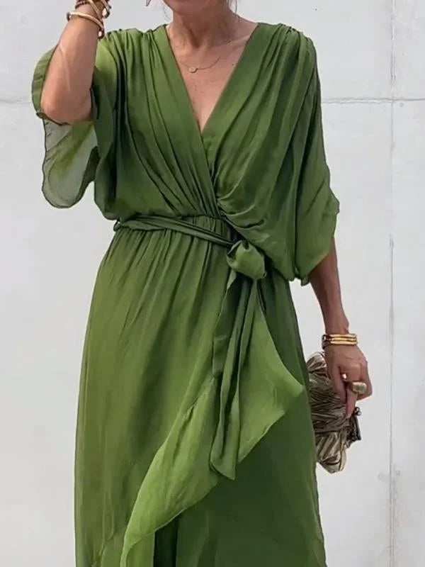 Women's Maxi Dress - V-Neck - Batwing Sleeves - Cinched Waist Tie - High-Low Hem