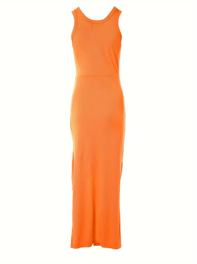 Women's Bodycon Dress - Sleeveless Scoop Neck - High Slit Satin-Like Elegant Wear