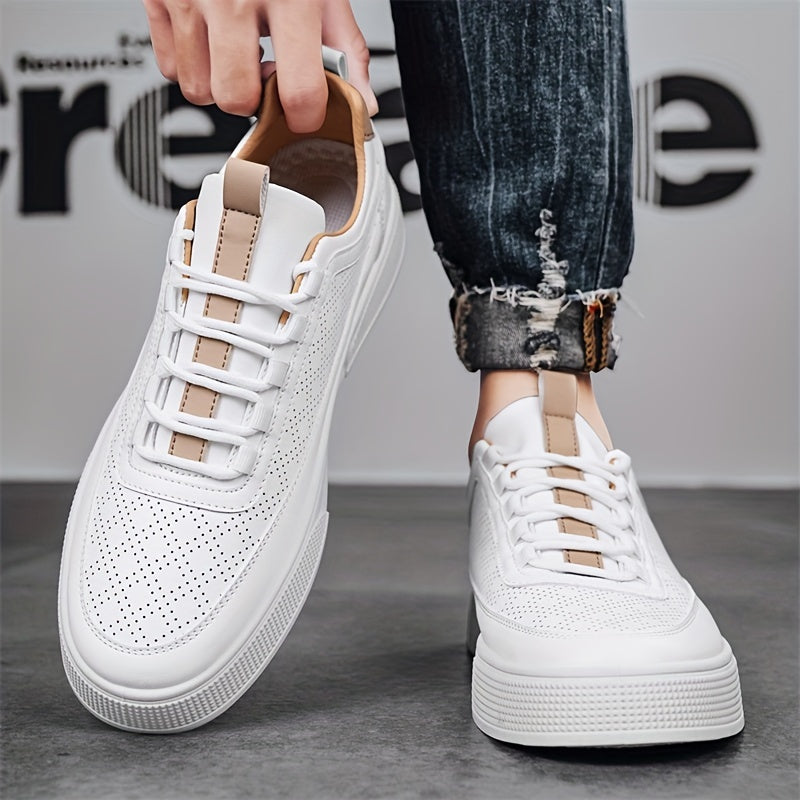 Men’s Leather Sneakers - Breathable Perforated Design - Cushioned Sole - Casual Wear