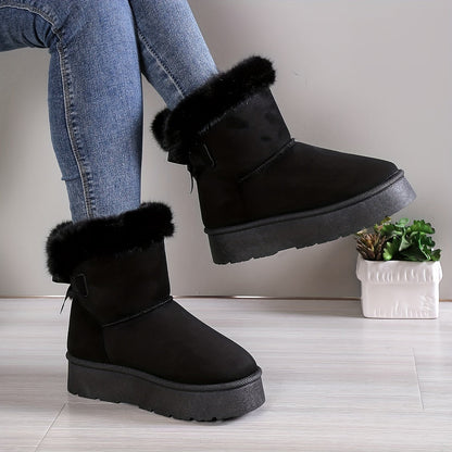 Women’s Ankle Boots – Suede Finish – Faux Fur Lined – Platform Sole – Bow Detail