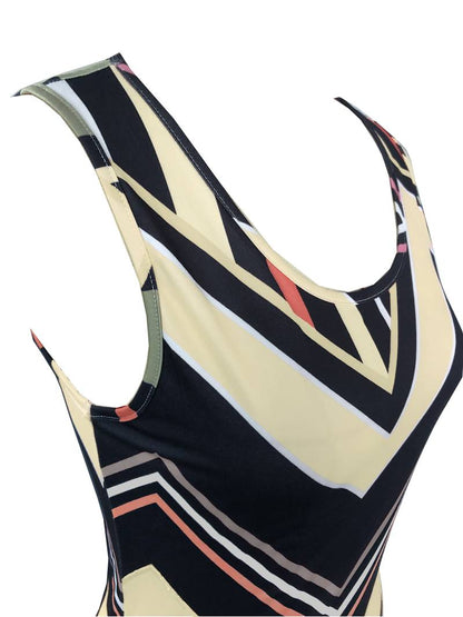 Women's Maxi Dress - Sleeveless Crew Neck - Chevron Stripe - High Side Slit