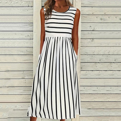Women’s Tank Midi Dress – Relaxed Fit – A-Line Silhouette – Natural Fibers – Striped
