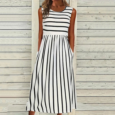 Women’s Tank Midi Dress – Relaxed Fit – A-Line Silhouette – Natural Fibers – Striped