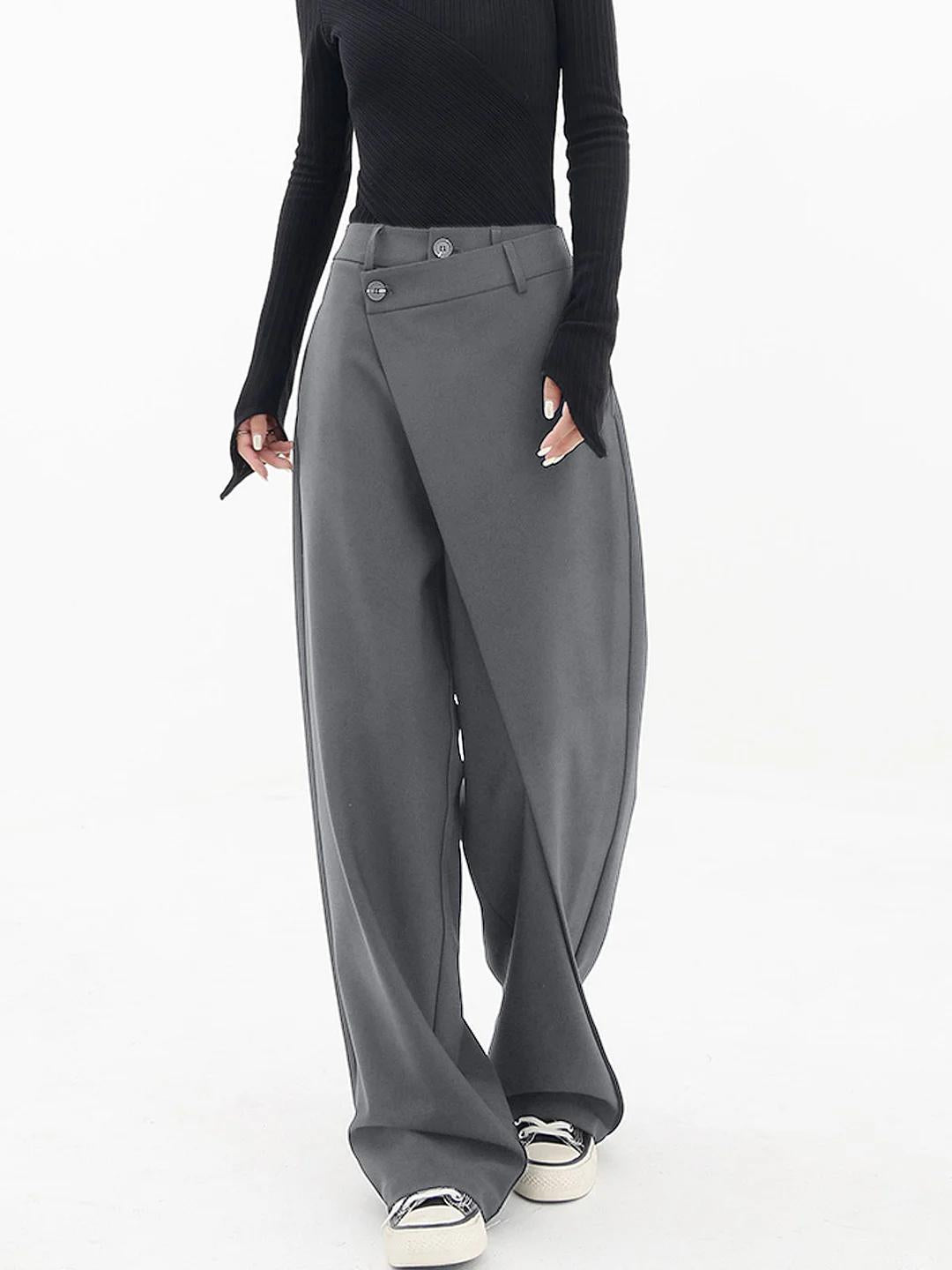 Women’s Wide-Leg Trousers - High Waist - Asymmetric Draped Overlay - Button Detail