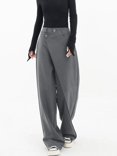 Women’s Wide-Leg Trousers - High Waist - Asymmetric Wrapover - Button Detail - Side Pockets