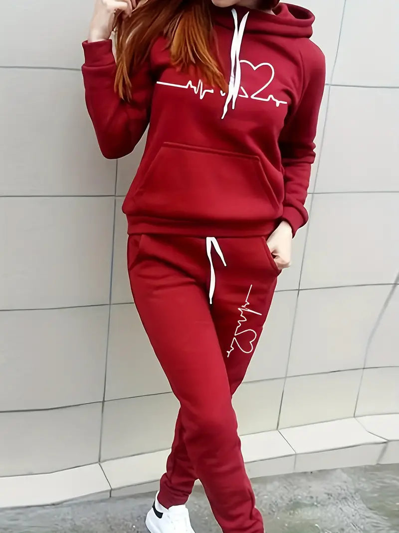Women's Hoodie & Joggers Set - Heartbeat Graphic - Relaxed Fit - Drawstring Hood & Waist