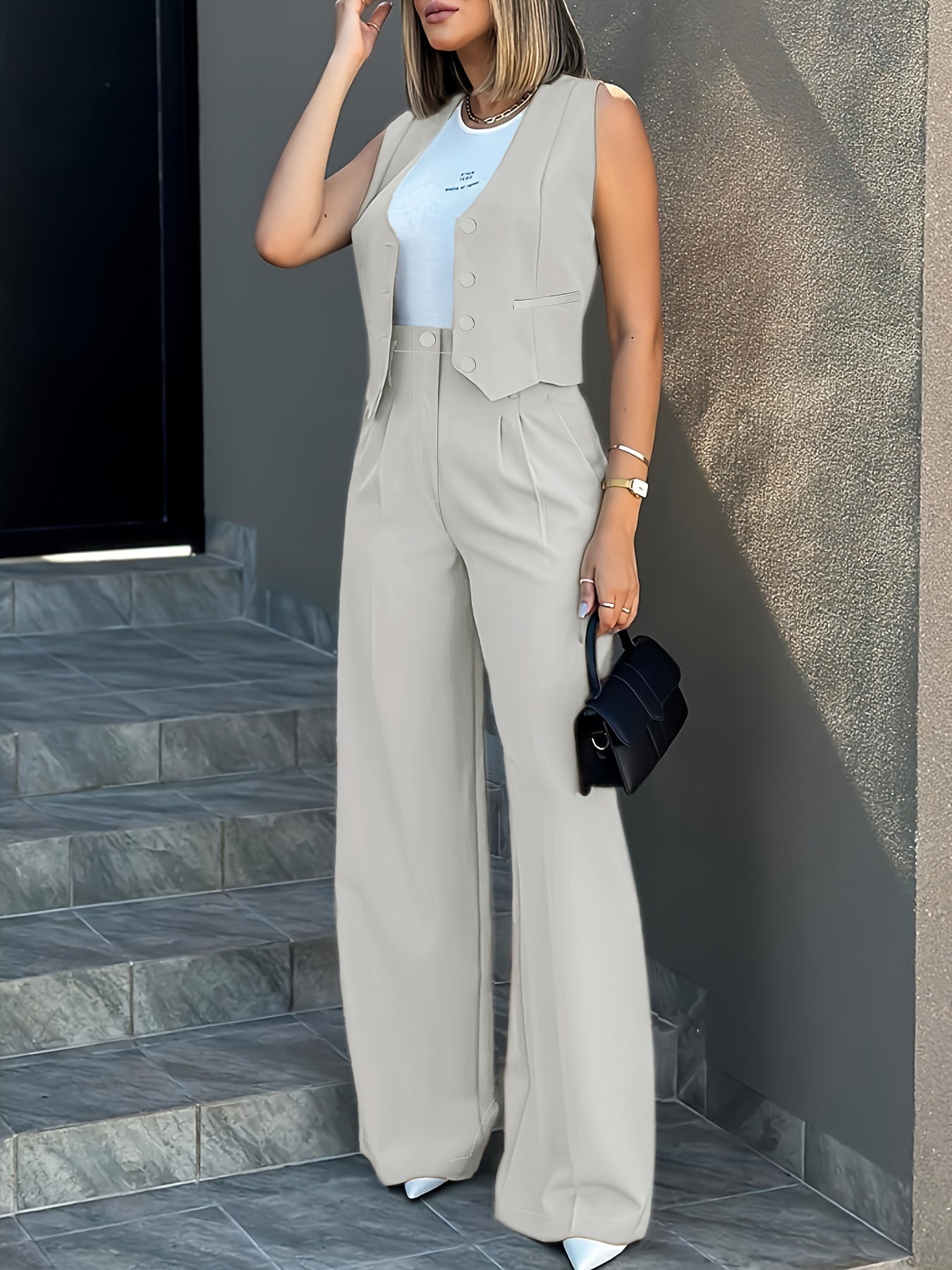 Women's Tailored Two-Piece Suit - Fitted Vest & High-Waisted Wide-Leg Trousers