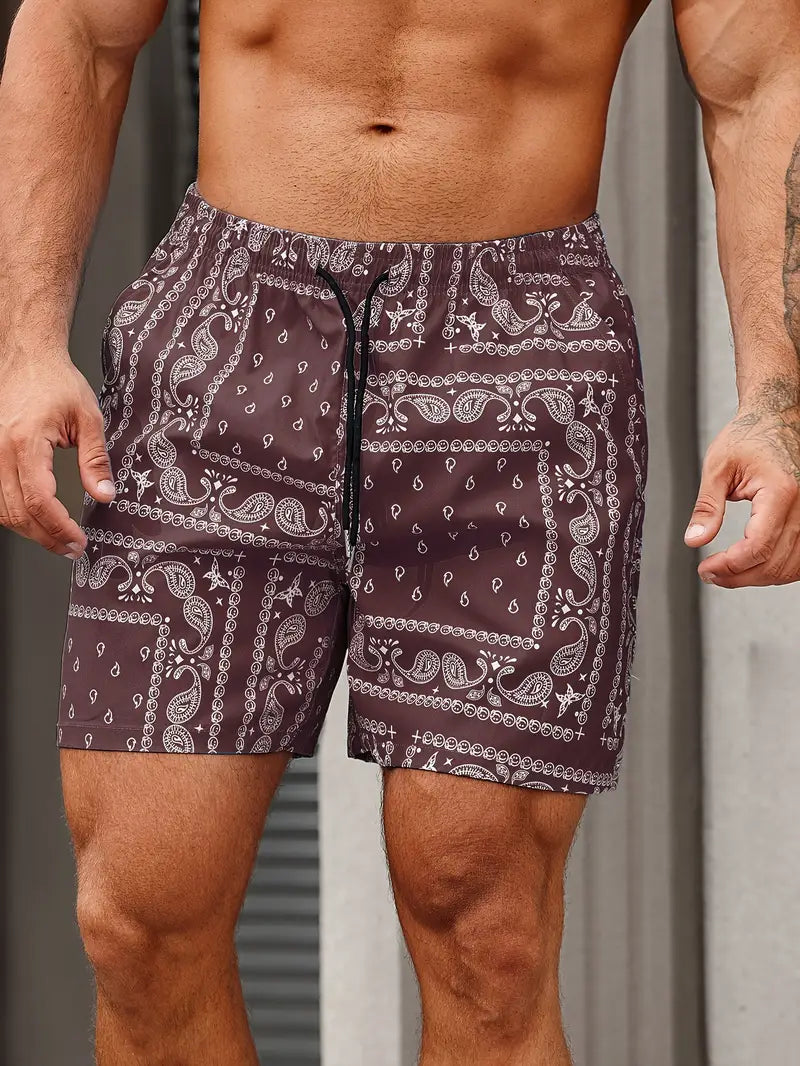 Men’s Swim Shorts – Quick-Dry Breathable Fabric – Bandana Print – Relaxed Fit – Mid-Thigh