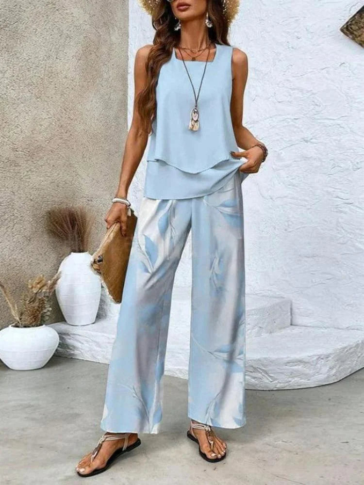 Women’s Two-Piece Set – Sleeveless Top and Wide-Leg Trousers – Breathable Blend – Relaxed Fit