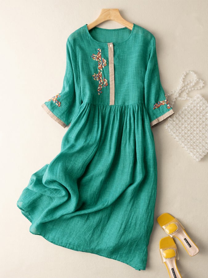 Women’s Midi Dress – Relaxed Fit – Natural Fibers – Embroidered – 3/4 Sleeve – Button Neckline