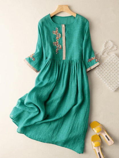 Women’s Midi Dress – Relaxed Fit – Natural Fibers – Embroidered – 3/4 Sleeve – Button Neckline