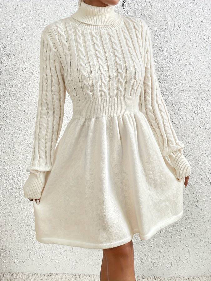 Women's Sweater Dress - Knitted Cable Knit - Turtleneck - Long Sleeve - Ribbed Waist