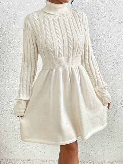 Women's Sweater Dress - Knitted Cable Knit - Turtleneck - Long Sleeve - Ribbed Waist