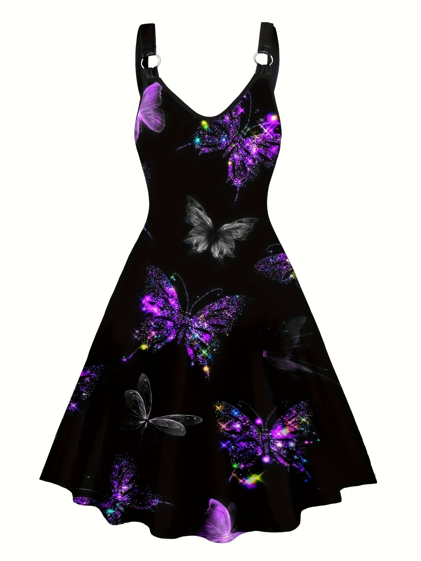 Sleeveless Butterfly Print V-Neck Dress with Ring Detail for Women