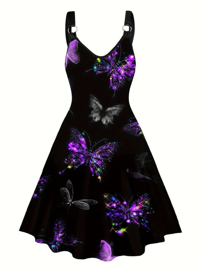 Sleeveless Butterfly Print V-Neck Dress with Ring Detail for Women