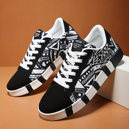 Men’s Low-Top Sneakers – Geometric Pattern – Canvas Upper – Rubber Sole – Casual Wear