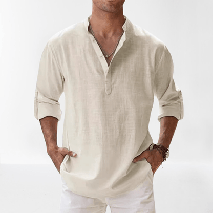 Men’s Henley Shirt - Linen Blend - Long Sleeve - Regular Fit Casual Wear