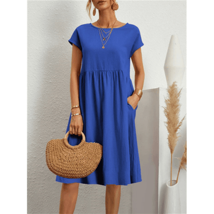 Women's Cotton Linen Short Sleeve Midi Dress