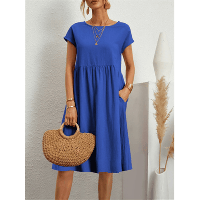 Women's Cotton Linen Short Sleeve Midi Dress