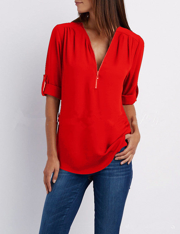 Half zip-front formal blouse for women