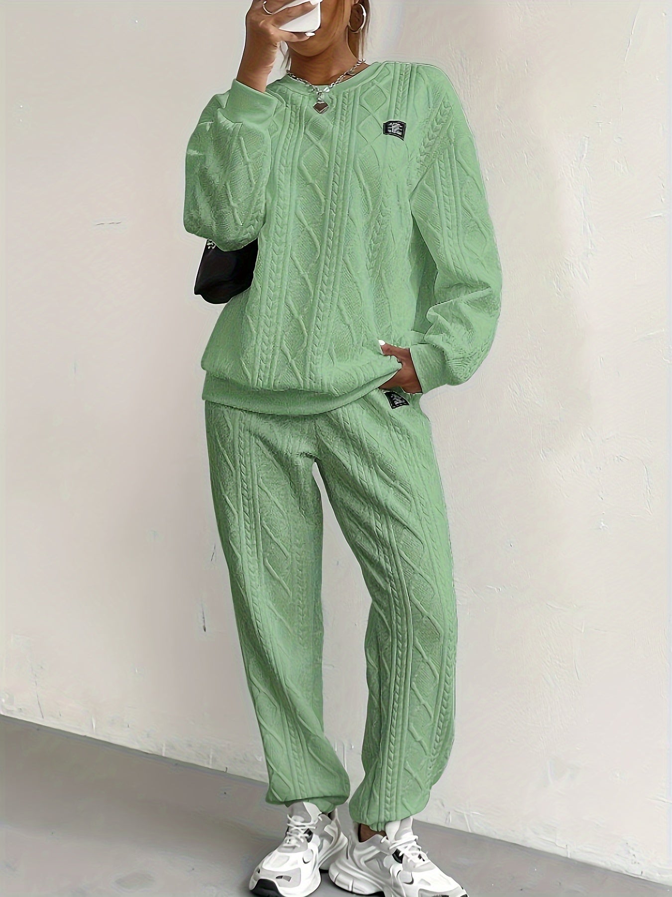 Women’s Lounge Set – Cable Knit – Relaxed Fit – Ribbed Cuffs – Full Length Cozy Wear