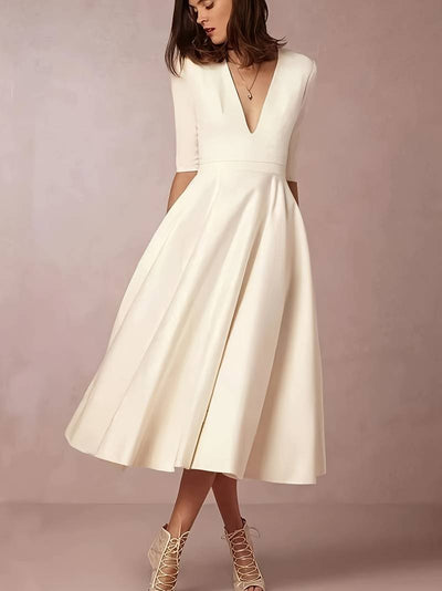Women’s Midi Dress – Satin Finish – Fitted Bodice – A-Line Skirt – V-Neck – Elbow Sleeve