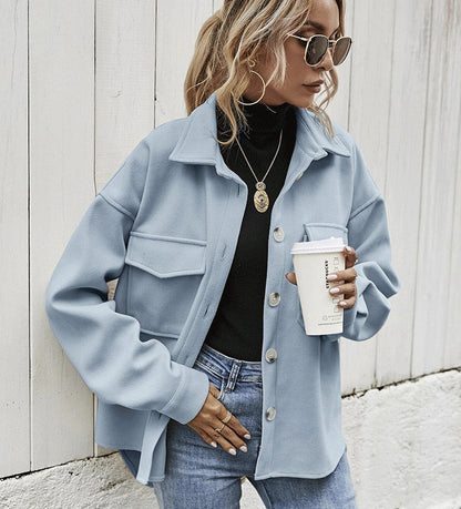 Women’s Oversized Jacket – Wool Blend – Button Front – Chest Flap Pockets – Dropped Shoulder