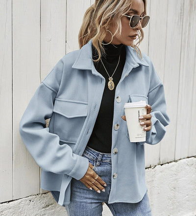 Women’s Oversized Jacket – Wool Blend – Button Front – Chest Flap Pockets – Dropped Shoulder