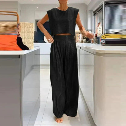 Women’s Two-Piece Set – Sleeveless Crop Top – High-Waist Wide-Leg Trousers – Silk Feel