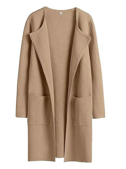 Women’s Knee-Length Coat – Wool Blend – Relaxed Fit – Wide Lapel – Patch Pockets