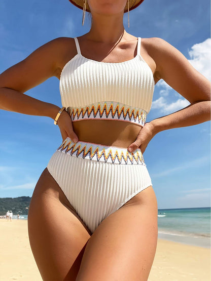 Women's Bikini Set - Ribbed Texture - High-Waisted Bottoms - Adjustable Straps