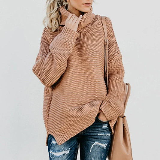 Women’s Knitted Sweater – Oversized Fit – Ribbed Texture – High Neck – Long Sleeve
