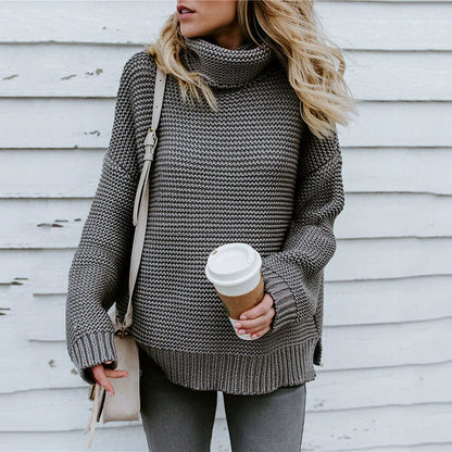 Women’s Knitted Sweater – Oversized Fit – Ribbed Texture – High Neck – Long Sleeve