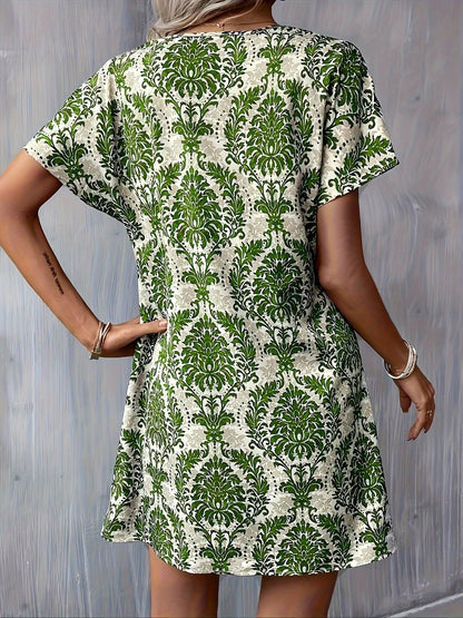Women's Midi Dress - V-Neck Short Sleeve - Relaxed Fit Floral Damask Pattern