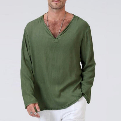 Men’s Long Sleeve T-Shirt – Cotton Linen Blend – Relaxed Fit – V-Neck Casual Wear