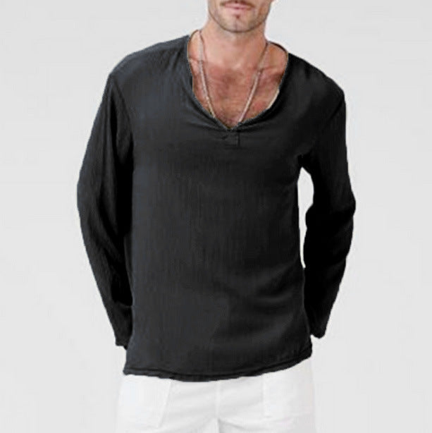 Men’s Long Sleeve T-Shirt – Cotton Linen Blend – Relaxed Fit – V-Neck Casual Wear