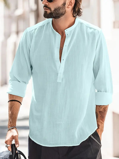 Men’s Long Sleeve Shirt – Relaxed Fit – Breathable Blend – Mandarin Collar – Casual Style