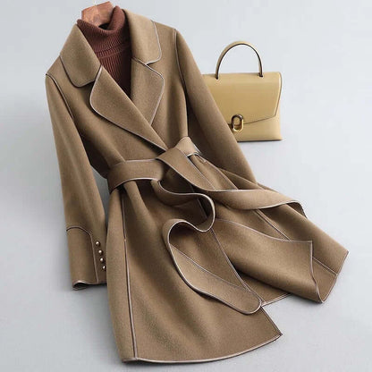 Women’s Wool Coat – Tailored Fit – Wrap Style Belted – Notched Lapel – Full Length