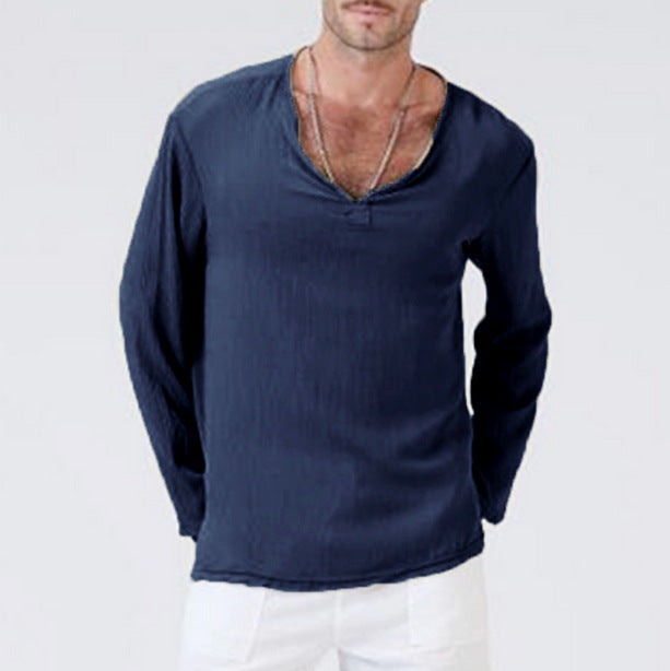 Men’s Long Sleeve T-Shirt – Cotton Linen Blend – Relaxed Fit – V-Neck Casual Wear