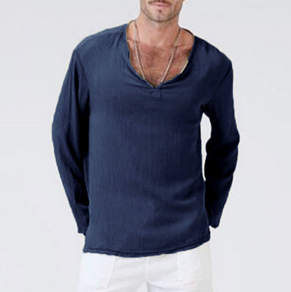 Men’s Long Sleeve T-Shirt – Cotton Linen Blend – Relaxed Fit – V-Neck Casual Wear