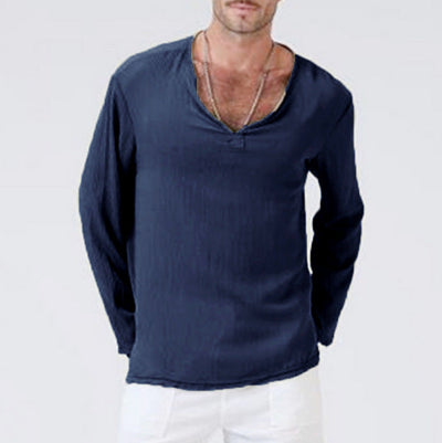 Men’s Long Sleeve T-Shirt – Cotton Linen Blend – Relaxed Fit – V-Neck Casual Wear
