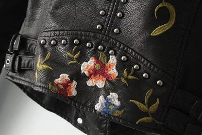 Women's casual leather jacket with floral design